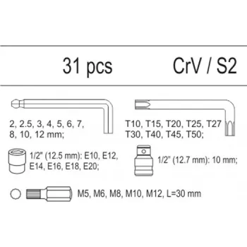WKŁAD DO SZUFLADY KLUCZE HEX, TORX, NASADKI 31 CZĘŚCI