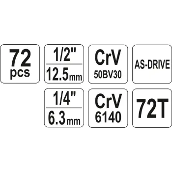ZESTAW NARZĘDZIOWY 1/2'' 1/4' 72 CZĘŚCI M