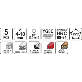 ZESTAW WIERTEŁ UNIWERSALNYCH 5SZT. 4-10MM HEX