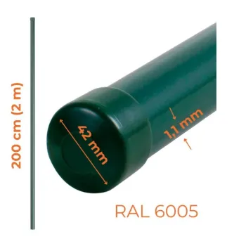 SŁUPEK OGRODZENIOWY RURA FI 42MM 1.1MM 2M ZIELONY RAL 6005